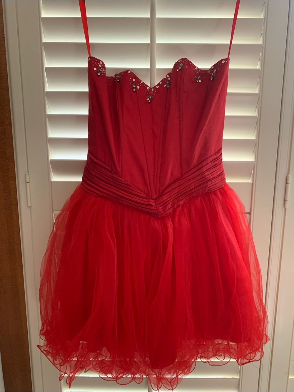 Red Spaghetti-Strap Mini Dress with Embellished Sweetheart Bodice